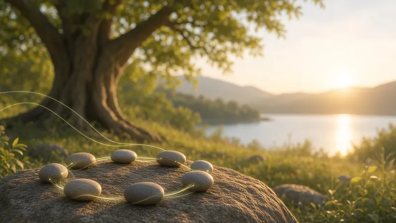 Des galets disposés en cercle sur un rocher, sous un grand arbre, face à un lac au soleil couchant