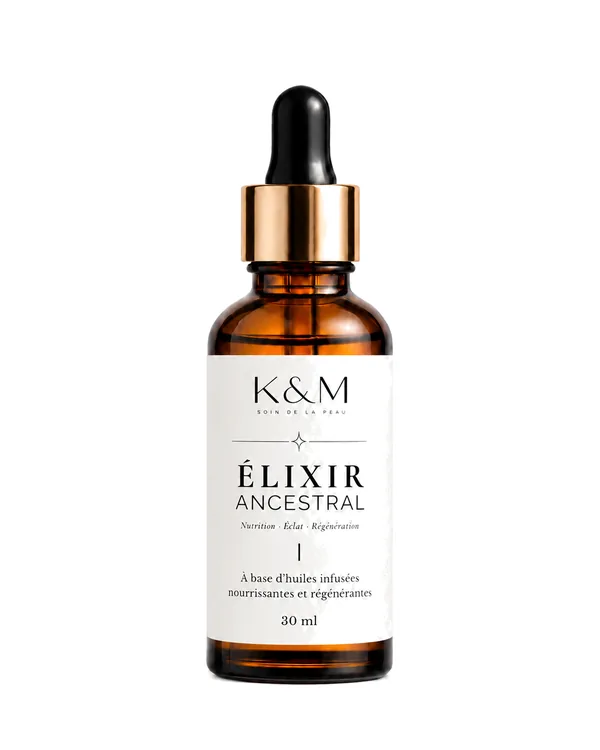 Flacon compte-gouttes d’Élixir Ancestral K&M Soin de la peau